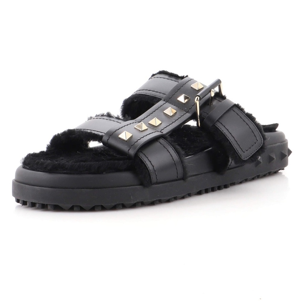 Valentino Rockstud Black Shearling Fur Caged Slides Sandals in Black NWOB